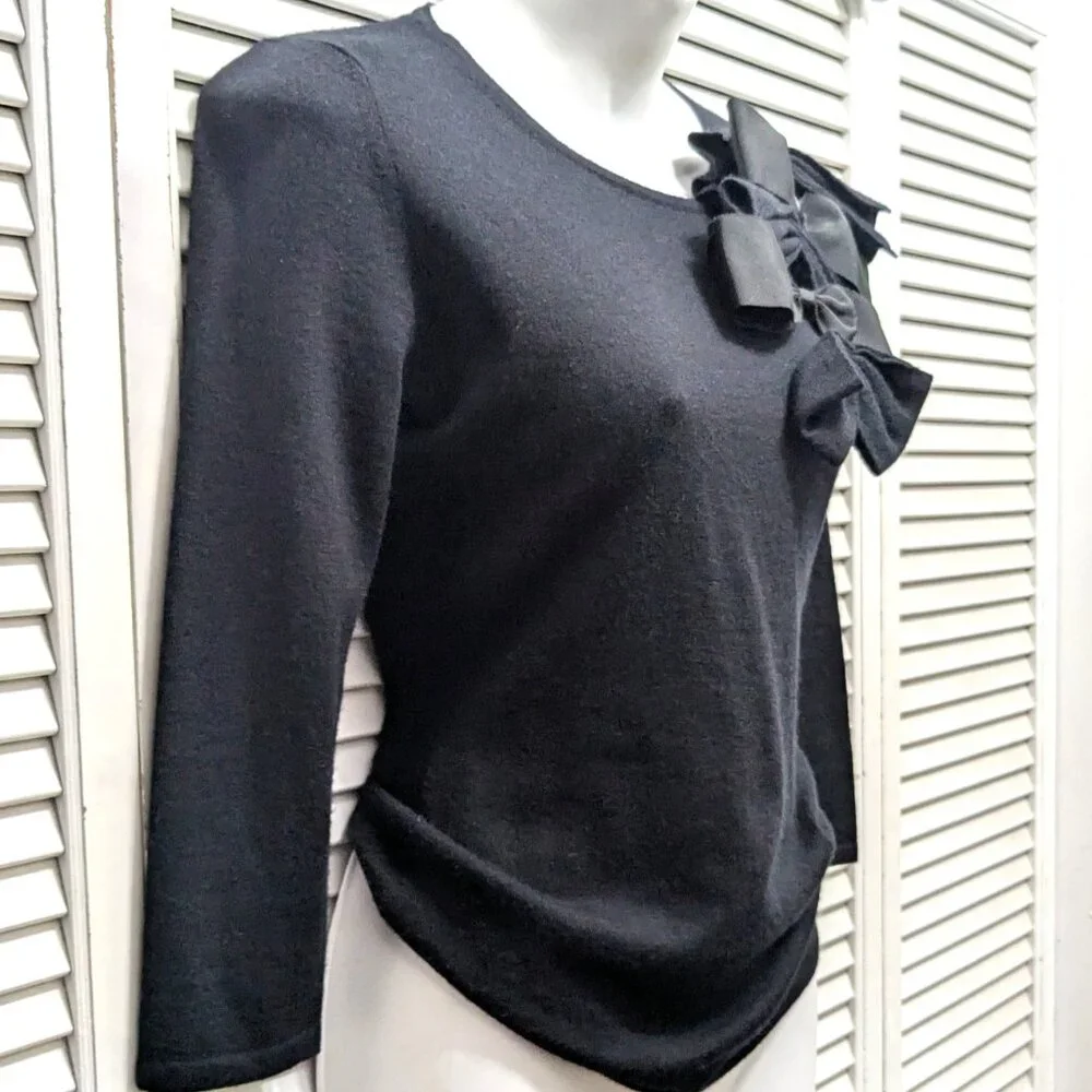 Cashmere Silk Sweater Womens Small Black with Bows Rosette Saks Fifth Ave - Picture 5 of 16
